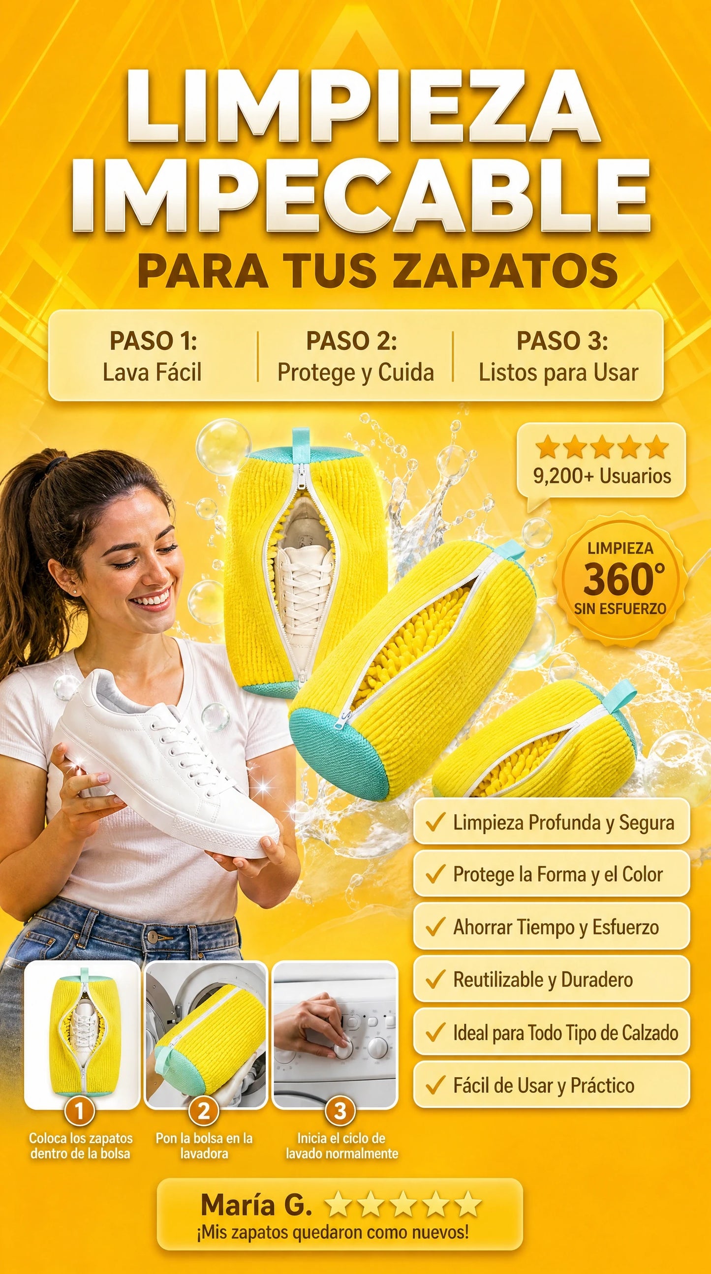 "Lava tus zapatos en lavadora sin dañarlos — protección total, listo en minutos"